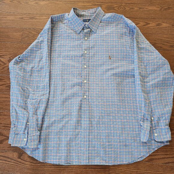 NWOT Ralph Lauren Men SZ 3XB Big Blue Plaid Button Down Shirt Colorful Pony - Picture 2 of 10